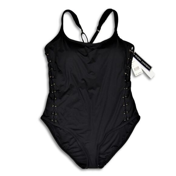 New! La Blanca Women's Plus Tummy Control Lace Up Sides One-piece Swimsuit - Picture 4 of 5